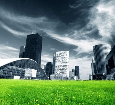 Big city skyscrapers and green fresh meadow.