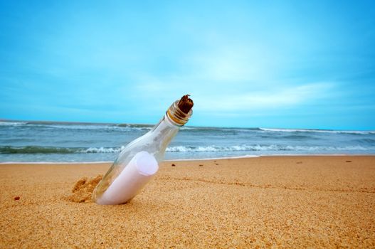 Message in the bottle from ocean. Travel, tourism, coming message concepts