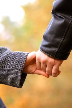 Hand-in-hand. Couple love in autumn scenery