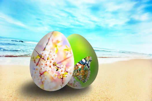 Colorful easter eggs in exotic scenery on sunny beach