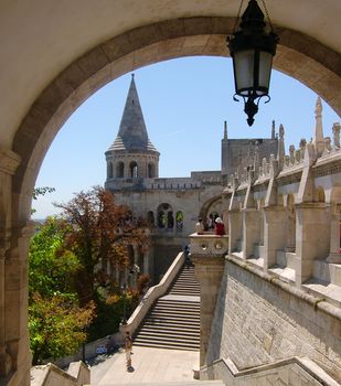 The great tower of Fishermen's Bastion on the castle hill of Budapest