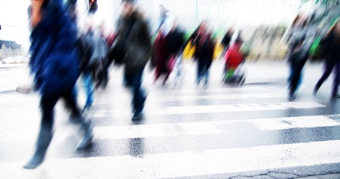 Pedestrian crossing rush. People moving motion