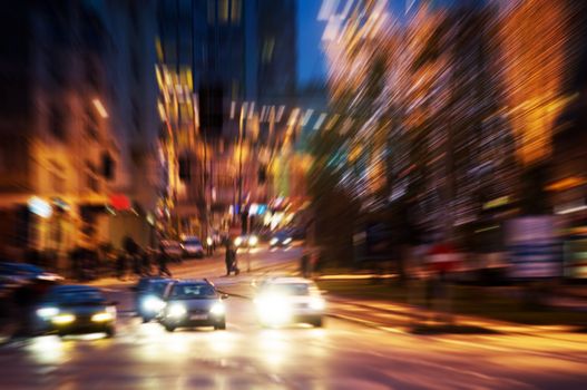 Big city life at night. Dynamic motion blur