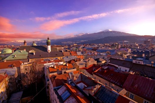 Mountain alpine town in sunset