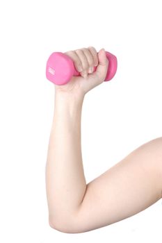 hand held pink dumbbells isolated on white background