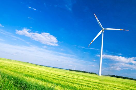 Wind turbines landscape. Environment fiendly source of energy