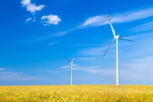 Wind turbines landscape. Environment fiendly source of energy