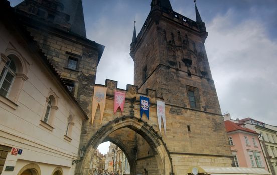 Prague. Charles bridge, Mala Strana gate - from bridge towards Malostranske square.