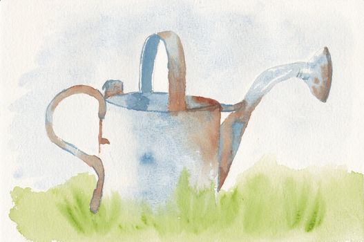 hand painted watercolor of a rusty watering can