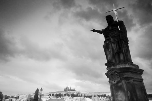 Statue on Charles Bridge. Prague. Black and white