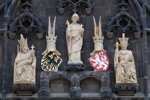 Close up of figures on Staromestska vez - Old city tower in Prague