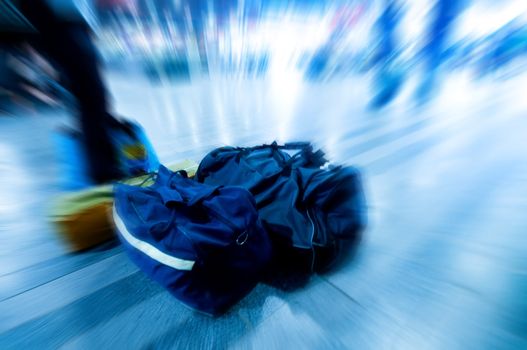 Travel concept. Railway station, bag and motion blur