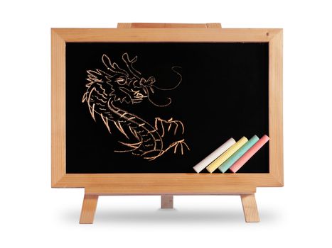Dragon drawing Blackboard wood frame Placed on the white desk with shadow