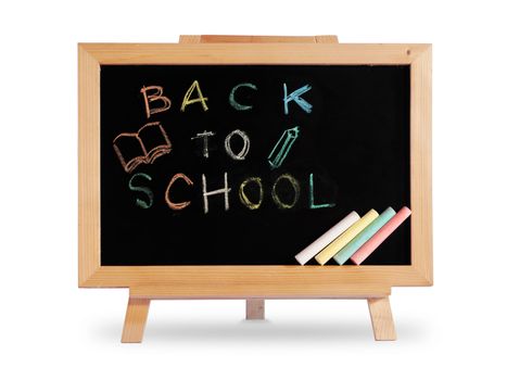 Back to school Blackboard wood frame Placed on the white desk with shadow