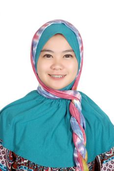 portrait of a beautiful muslim woman wearing a headscarf isolated on white background