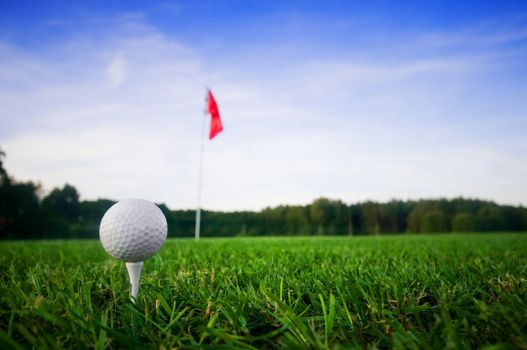 Golf field with green grass and red flag.