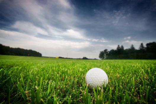 Golf ball on the field. Green grass, cloudy sky.