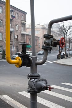 The layout of pipe fittings on a city street