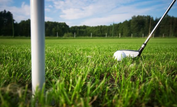Playing golf. Golf club and ball. Preparing to shot