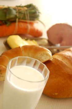 Breakfast preparing. Milk, bread and other dishes