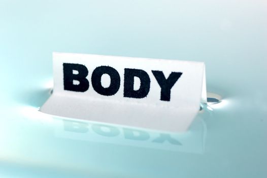 Card floating on water surface with printed word: BODY