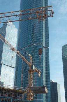 construction of office buildings Moscow business center on a winter day