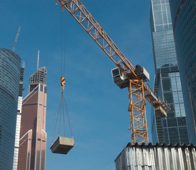 construction of office buildings Moscow business center on a winter day