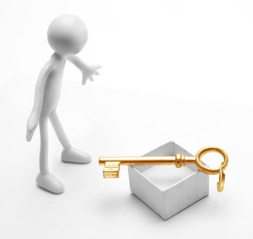 Human figure and a gold key gift. White background, conceptual
