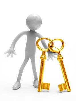 Human figure with gold keys on white background