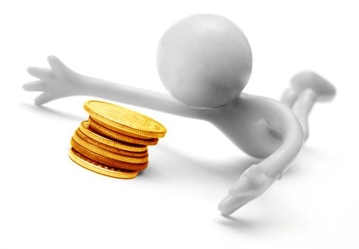 Human figure and money coins. Conceptual on white background