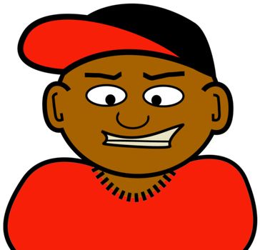 A cartoon drawing of a dark-skinned homeboy.  He could be Indian, African, Afro-American, from Trinidad, etc.