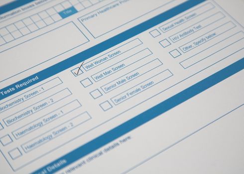 A pathology request form with a tick in the Well Woman Screen box.