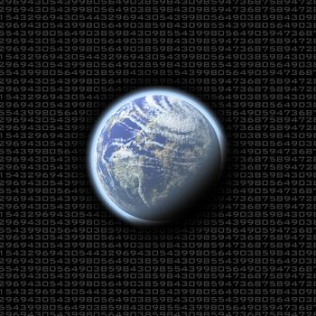 A glowing planet earth over a dark background of random numbers.