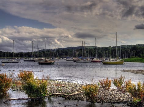 sailing boats moored on lake coniston in the english lake district
