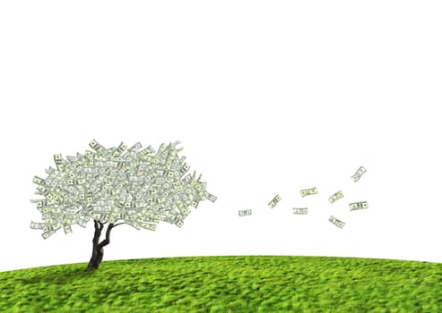 Concept of a cash tree of American dollar banknotes with leaves falling of detoning banking and savings.