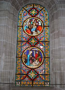 Stained Glass Window Depicting Bible Stories (Munster Cathedral In Basel Switzerland).