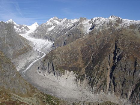 Fiescher Glacier And Finsteraarhorn The Highest Peak In The Bernese Alps Switzerland.