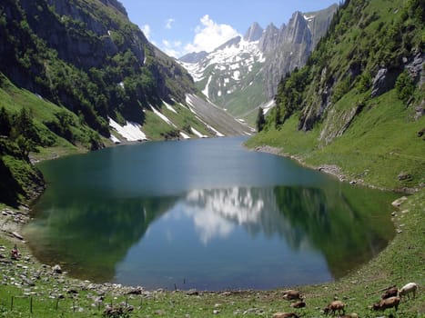 Mountain Reflection Falensee Lake Appenzell Alps Switzerland.