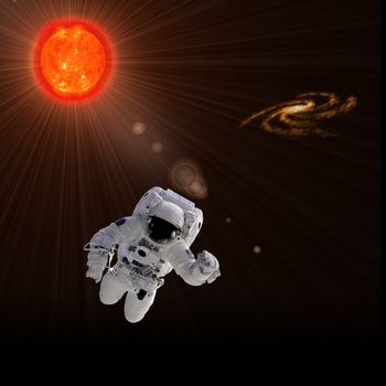 Flying astronaut on a background with Sun. Some components of this image are provided courtesy of NASA, and have been found at nasaimages.org