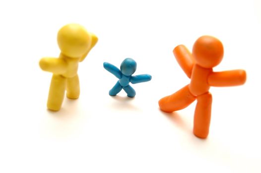 3 plasticine figures staying together and celebrating