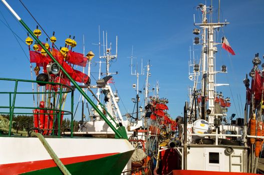 Ships close up in a harbor, port.