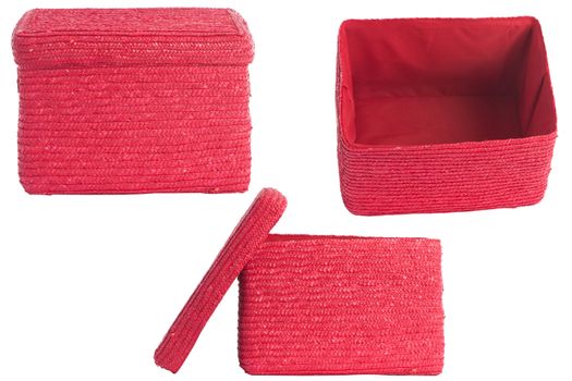 three point of view from decorative red wicker basket with lid