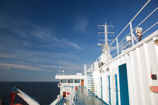 Ship deck, board view. Ocean, sea in a sunny day