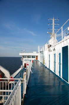 Ship deck, board view. Ocean, sea in a sunny day