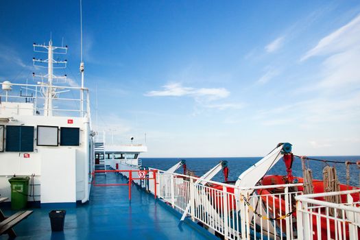 Ship deck, board view. Ocean, sea in a sunny day