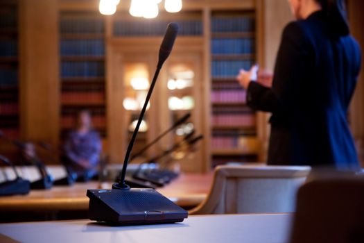 Meeting, conference, seminar. Microphone close up