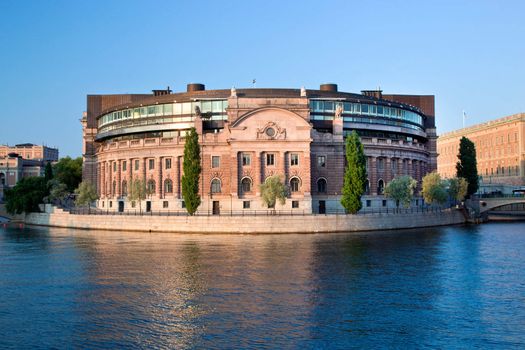 Parliament building in Stockholm, Sweden. Exterior, waterfront view