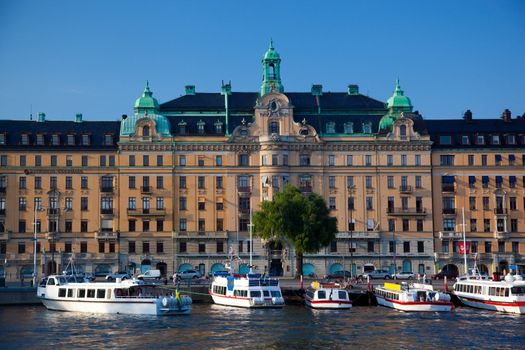 Stockholm, Sweden in Europe. Waterfront view on architecture and ships