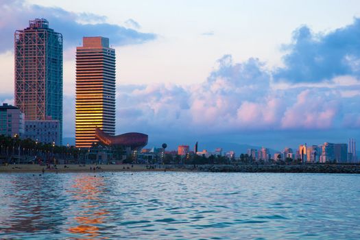Barcelona skyline from sea. Barceloneta beach