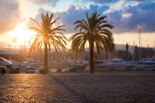 Boats in the harbor of Barcelona, Spain at sunset